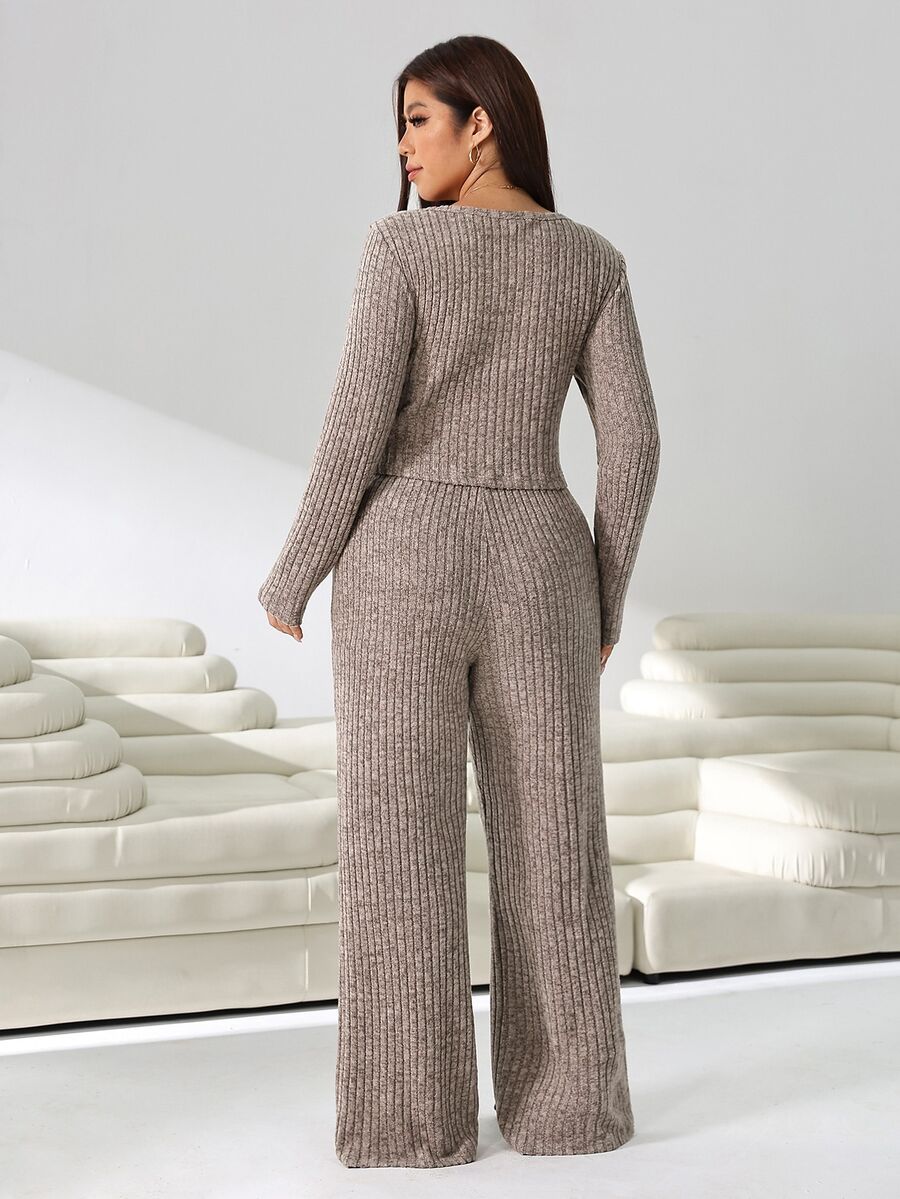 GalTyme Plus Size Contrast Color Long Sleeve Top & Pants 2 Pieces Set,Cerise Pink,Autumn,Smart Casual,Everyday,Chic Elegant Y2k Party Christmas Vacation Fall