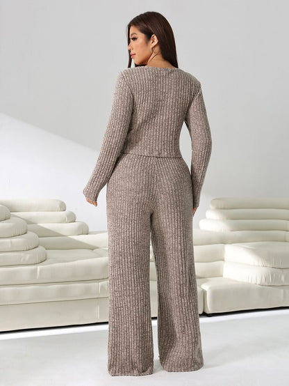 GalTyme Plus Size Contrast Color Long Sleeve Top & Pants 2 Pieces Set,Cerise Pink,Autumn,Smart Casual,Everyday,Chic Elegant Y2k Party Christmas Vacation Fall