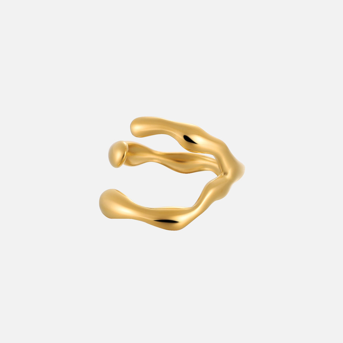Side view of the gold-tone open ring, showing its undulating organic shape and the gap between the rounded ends. 2