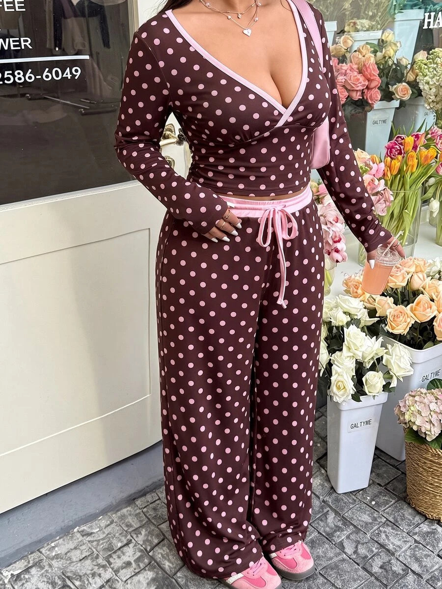 GalTyme Plus Size Contrast Color Long Sleeve Top & Pants 2 Pieces Set,Cerise Pink,Autumn,Smart Casual,Everyday,Chic Elegant Y2k Party Christmas Vacation Fall