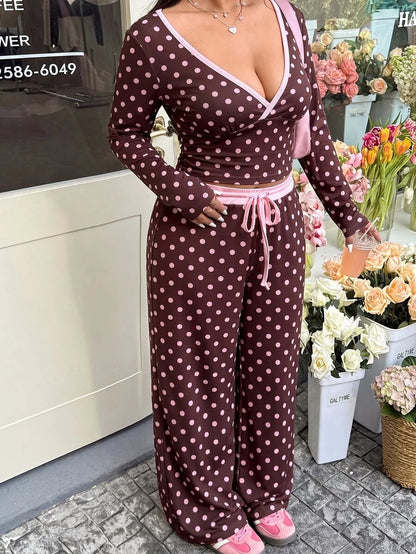 GalTyme Plus Size Contrast Color Long Sleeve Top & Pants 2 Pieces Set,Cerise Pink,Autumn,Smart Casual,Everyday,Chic Elegant Y2k Party Christmas Vacation Fall