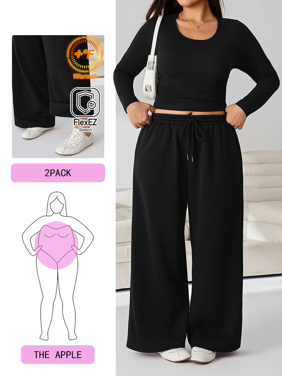 GalTyme Plus Size Women's Solid Color Long Sleeve T-Shirt And Wide Leg Pants Casual 2-Piece Set Fall