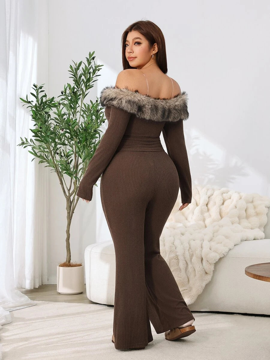 SHEIN EZwear Plus Size Woman Off Shoulder Ribbed 2 Pieces Set,Winter Long Sleeve Pants Sets,Christmas Lounge Set,Burgundy,Autumn,Smart Casual,Everyday Comfortable
