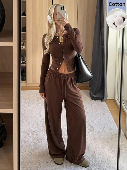 SHEIN EZwear Women's Solid Black Knit Casual Long Sleeve Top And Pants Homewear Set Woman 2 Pieces Outfits 2 Pieces Casual Sets Woman