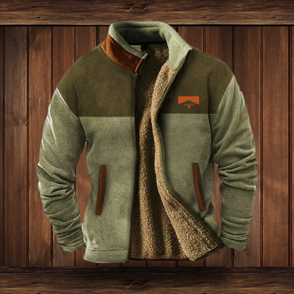 Two-tone olive green zip-up fleece jacket with plain sleeves, open to show the soft teddy-style lining, on wooden panelling. 3