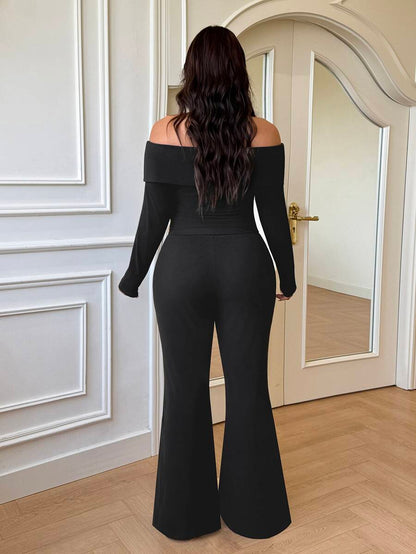 SHEIN EZwear Plus Size Woman Off Shoulder Ribbed 2 Pieces Set,Winter Long Sleeve Pants Sets,Christmas Lounge Set,Burgundy,Autumn,Smart Casual,Everyday Comfortable