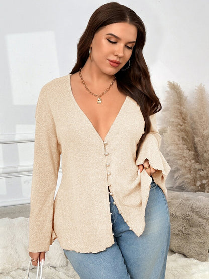 SHEIN Frenchy Plus Size Faux Pearl Button Deep V-Neck Long-Sleeved Knitted Coat, Spring Casual Mother's Day, Fall/Winter