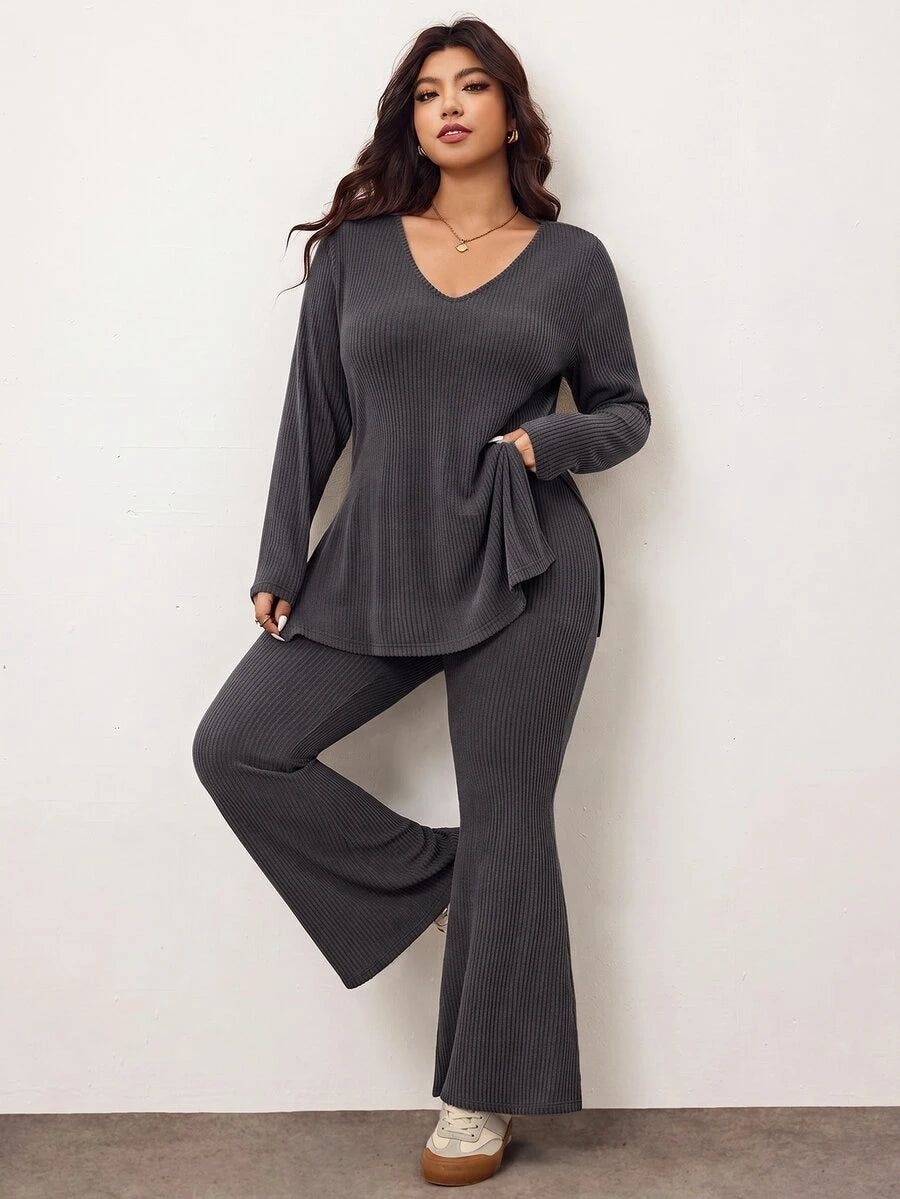 Enliva Plus Size Casual Home Wear 2 Pieces Set: Minimalist Off-Shoulder Ribbed Design, Suitable For Autumn/Winter, Flattering For Curvy Figures Fall