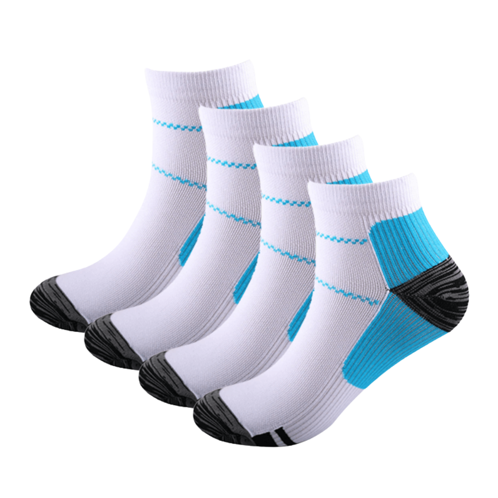 Four white ankle socks with blue heel panels and dark toes, stacked in a diagonal row on a plain background. 6