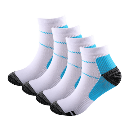 Four white ankle socks with blue heel panels and dark toes, stacked in a diagonal row on a plain background. 6