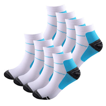 Set of eight white ankle socks with blue heel panels and dark toes, arranged in two staggered rows. 7