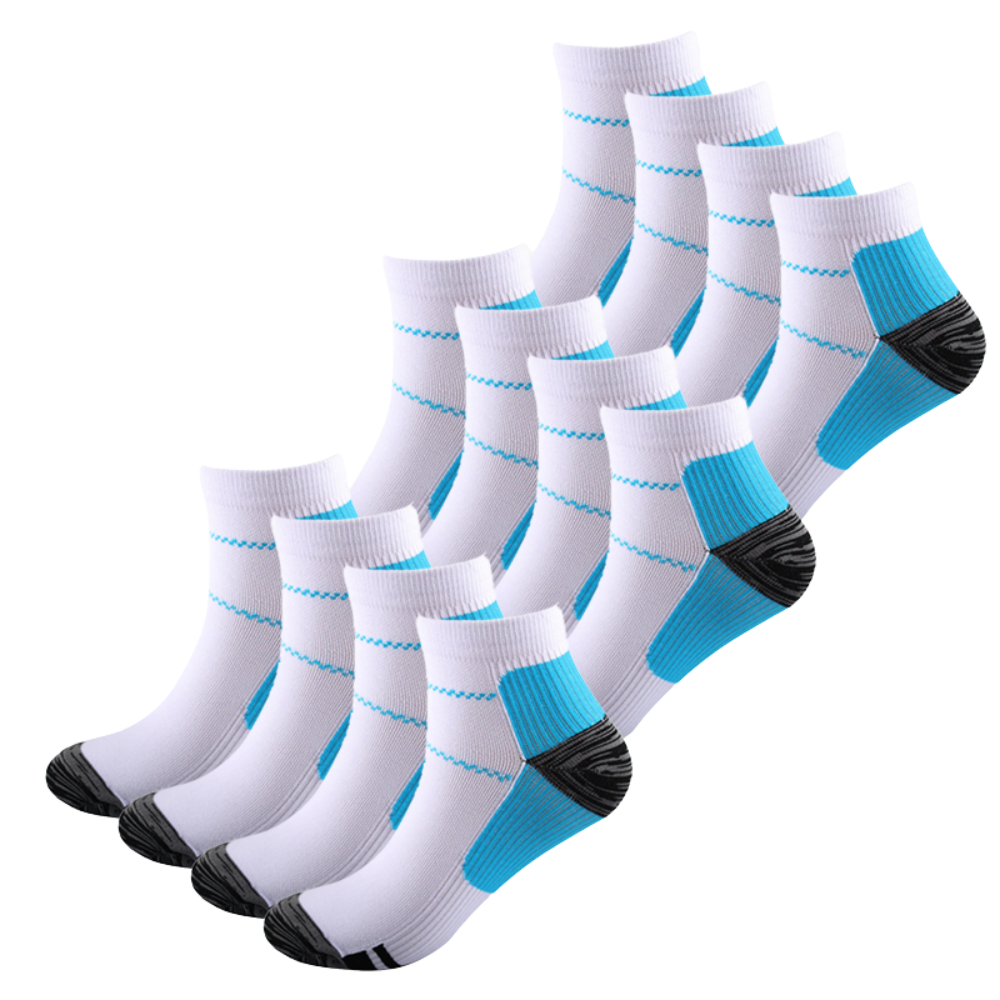 Set of twelve white ankle socks with blue heel panels and dark toes, arranged in three staggered rows. 8