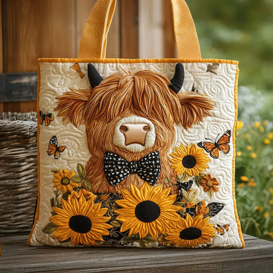 Quilted tote with a Highland cow in a spotted bow tie, sunflowers and butterflies, standing on a rustic wooden bench outdoors. 1