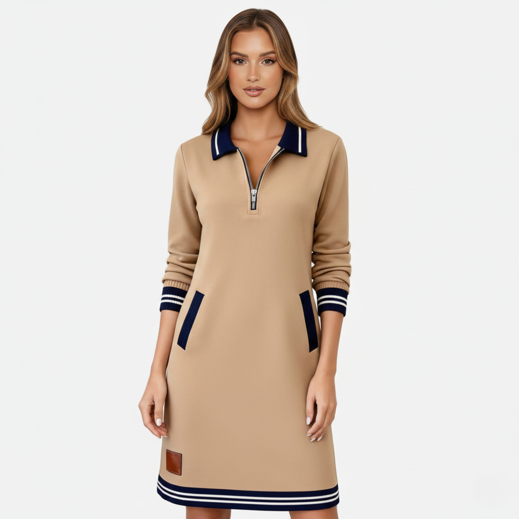 Shift Dress Women's Polo Collar Long Sleeve Half-Zip
