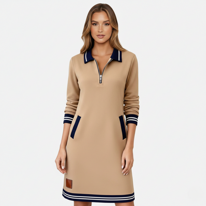 Shift Dress Women's Polo Collar Long Sleeve Half-Zip