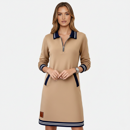 Shift Dress Women's Polo Collar Long Sleeve Half-Zip