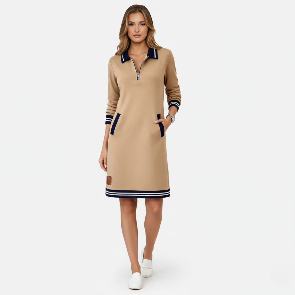 Shift Dress Women's Polo Collar Long Sleeve Half-Zip