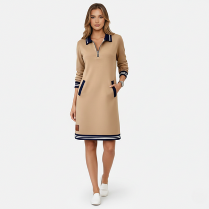 Shift Dress Women's Polo Collar Long Sleeve Half-Zip
