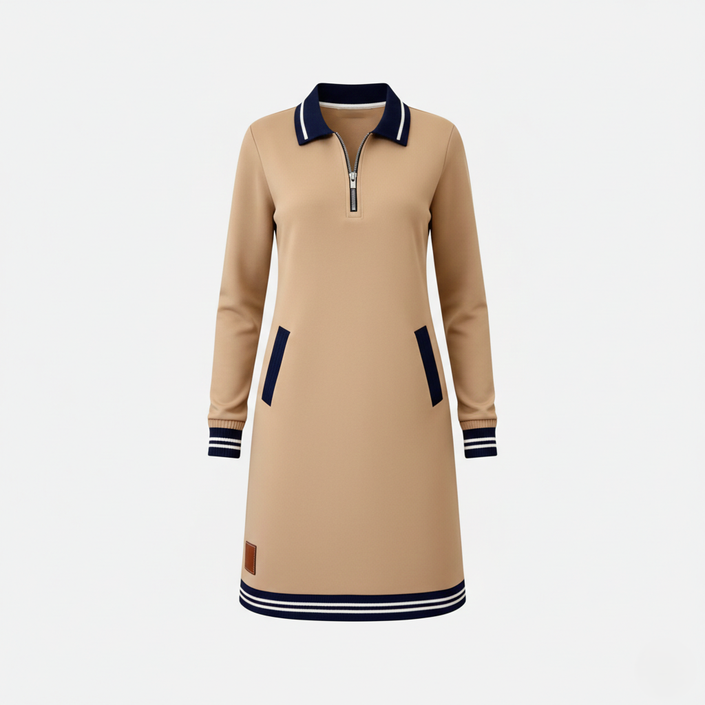 Shift Dress Women's Polo Collar Long Sleeve Half-Zip