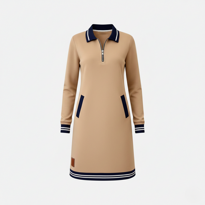Shift Dress Women's Polo Collar Long Sleeve Half-Zip