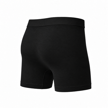 Black boxer brief seen from the back at an angle, showing the smooth seat, waistband and leg hems. 14