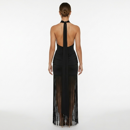 Halter Neck Fringe Maxi Dress Women's Ruched Bodycon Open Back