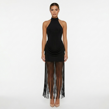 Halter Neck Fringe Maxi Dress Women's Ruched Bodycon Open Back