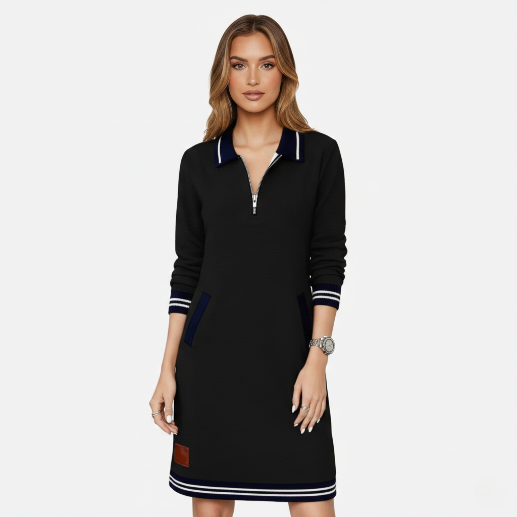 Shift Dress Women's Polo Collar Long Sleeve Half-Zip
