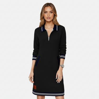 Shift Dress Women's Polo Collar Long Sleeve Half-Zip