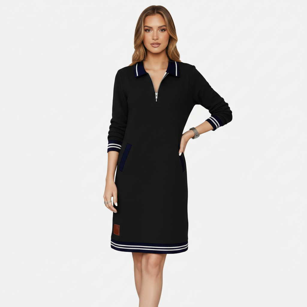 Shift Dress Women's Polo Collar Long Sleeve Half-Zip