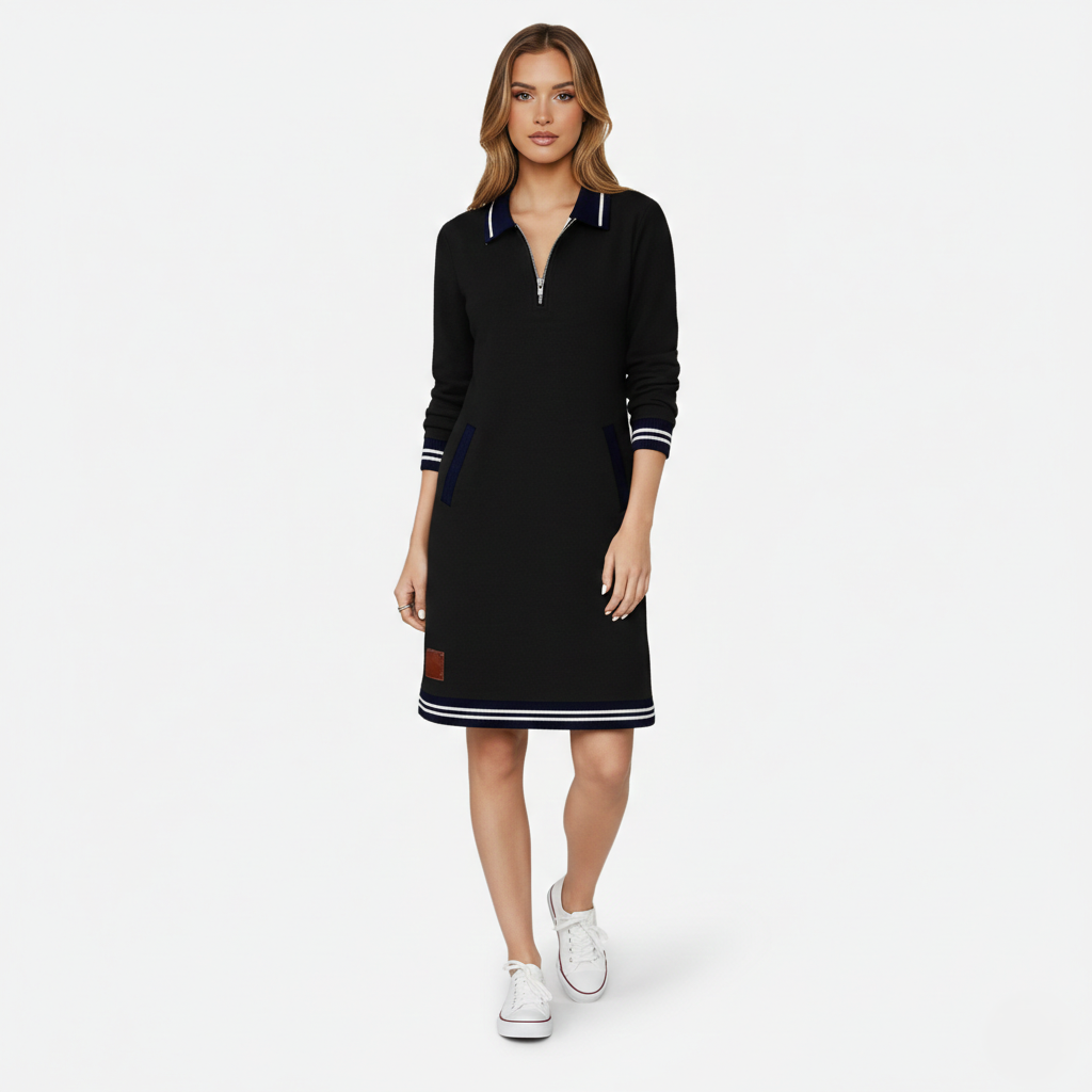 Shift Dress Women's Polo Collar Long Sleeve Half-Zip