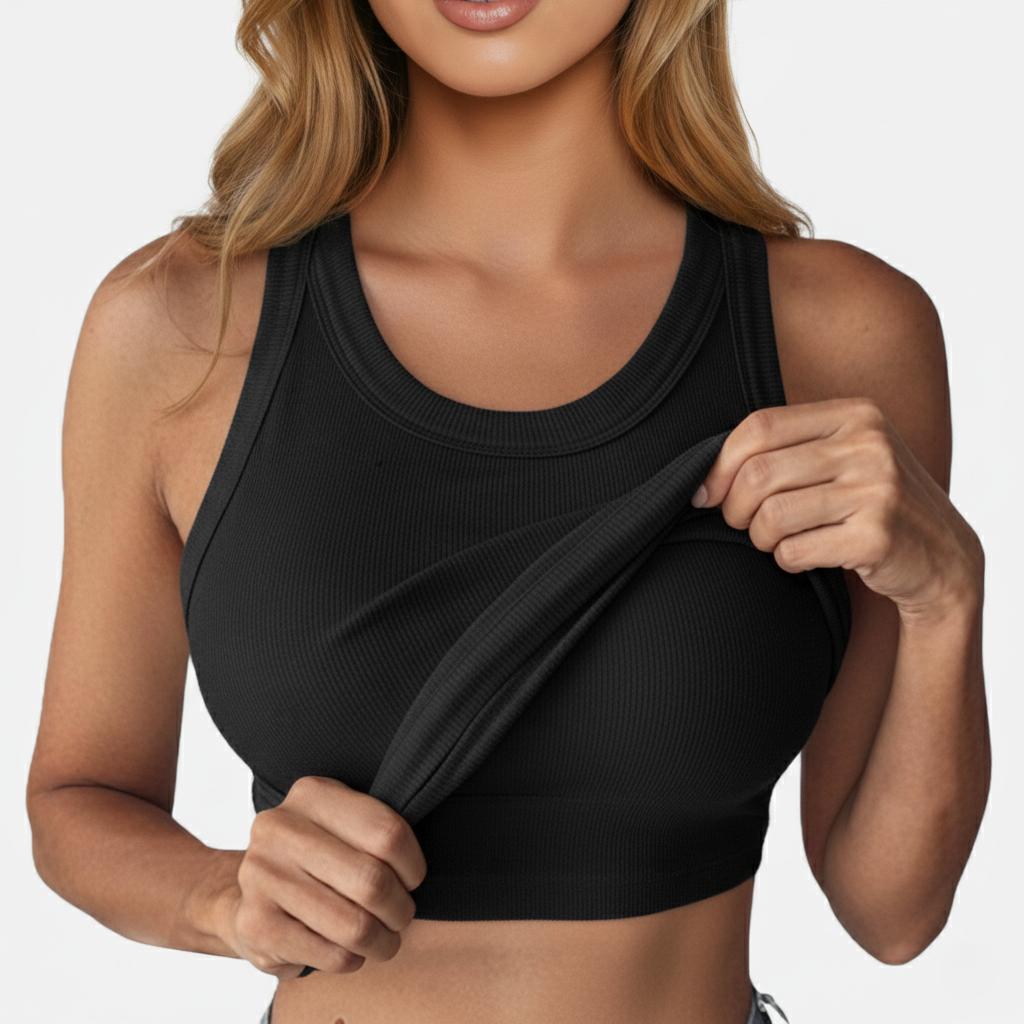Tank Top Women's Round Neck Ribbed with Built-in Bra