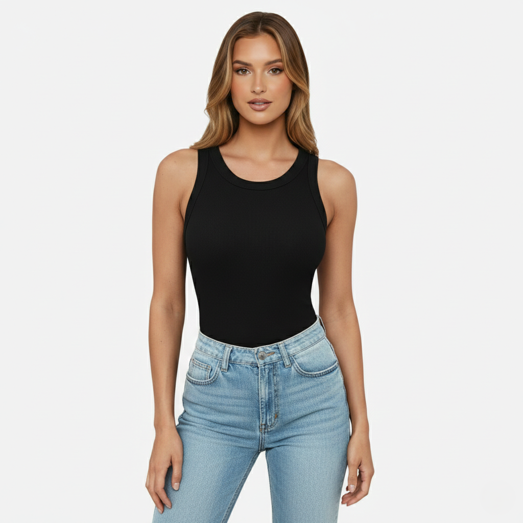 Tank Top Women's Round Neck Ribbed with Built-in Bra