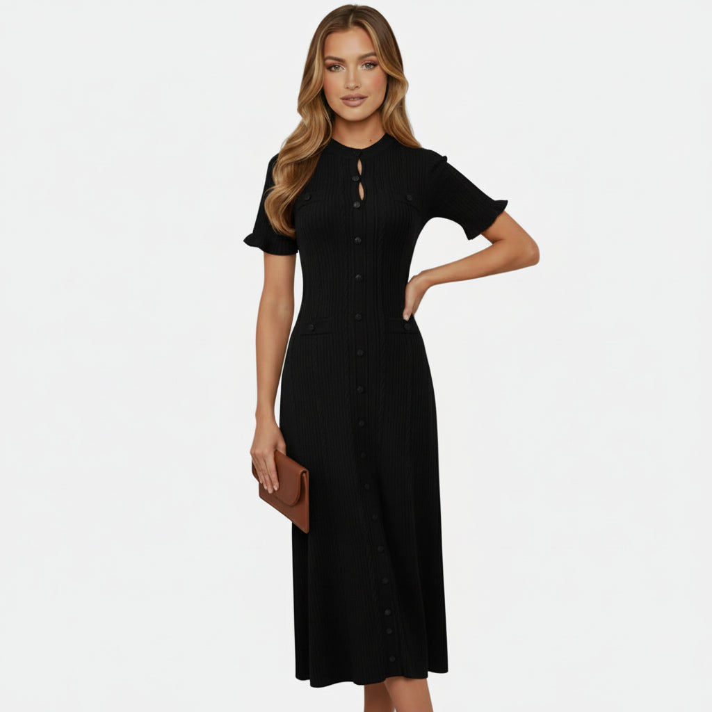 Mavenburry | Women’s Button-Front Ribbed Knit Long Midi Dress