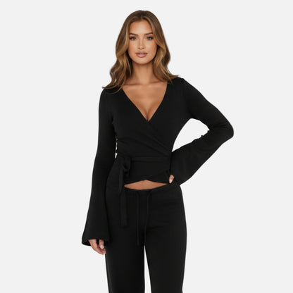 Knit Lounge Set Women's Wrap Top and Wide Leg Trousers