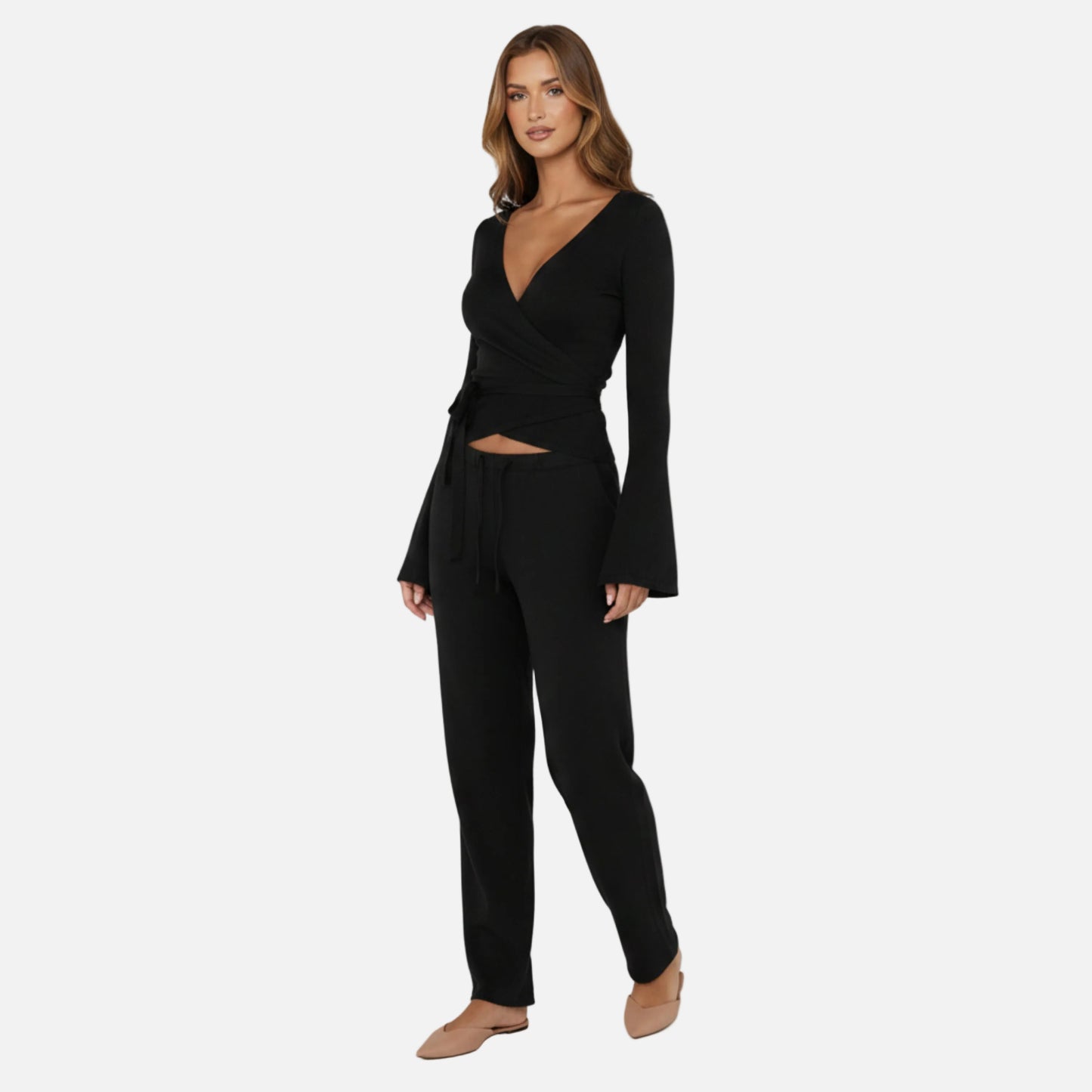 Knit Lounge Set Women's Wrap Top and Wide Leg Trousers