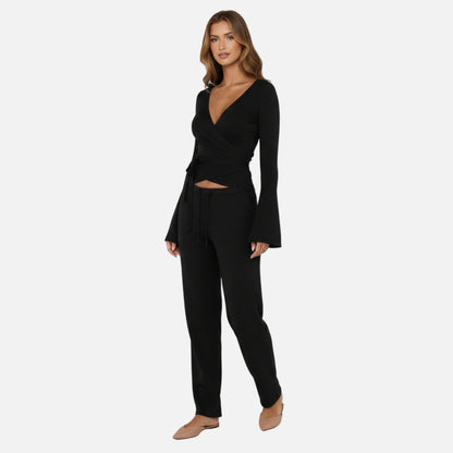 Knit Lounge Set Women's Wrap Top and Wide Leg Trousers