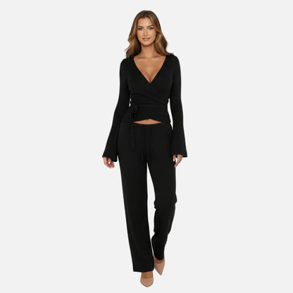 Knit Lounge Set Women's Wrap Top and Wide Leg Trousers