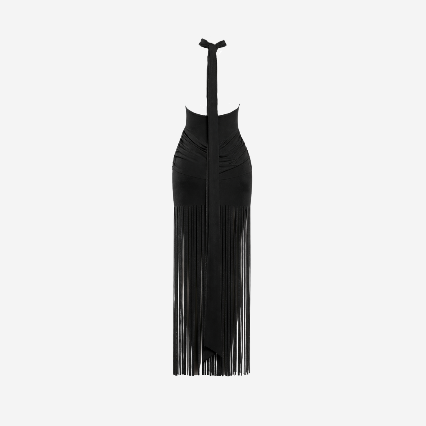 Halter Neck Fringe Maxi Dress Women's Ruched Bodycon Open Back