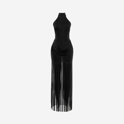 Halter Neck Fringe Maxi Dress Women's Ruched Bodycon Open Back