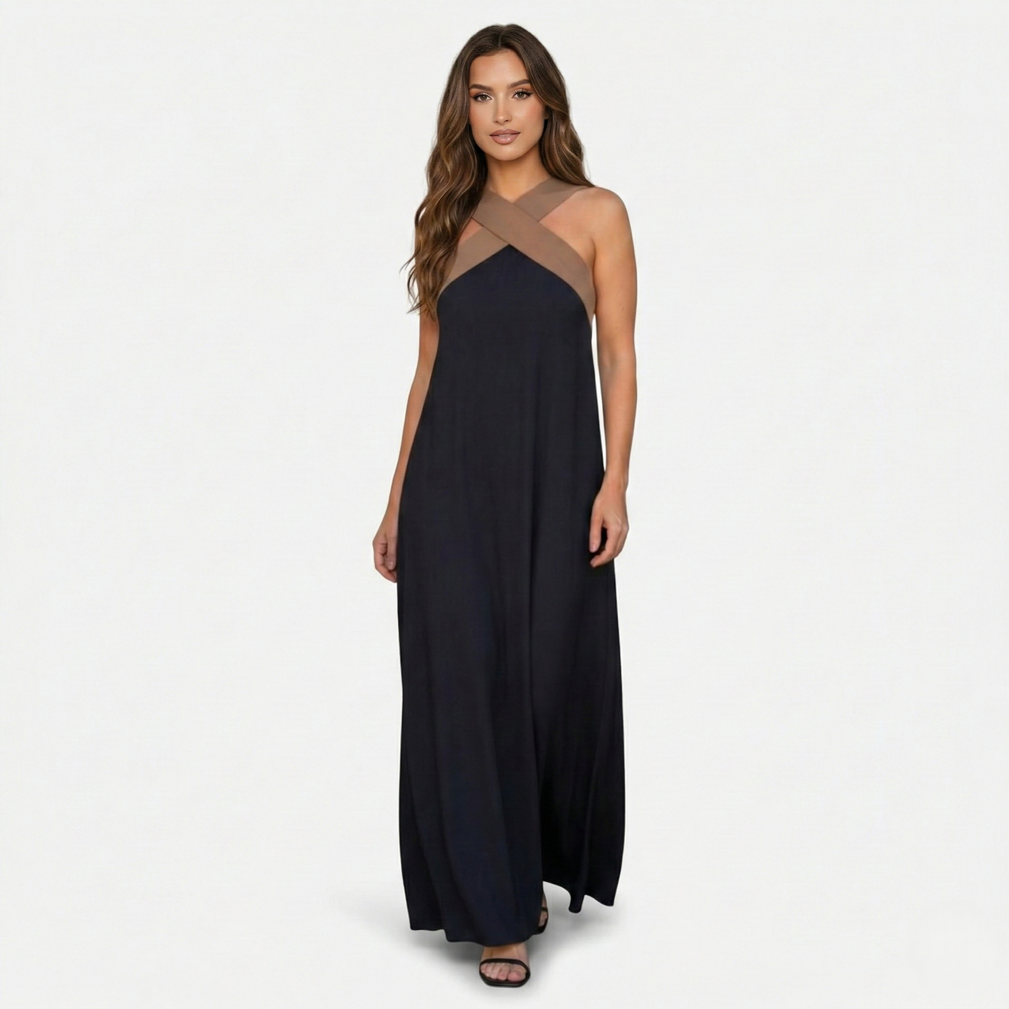 Maxi Dress Women's Color Block Crossover Neckline Sleeveless