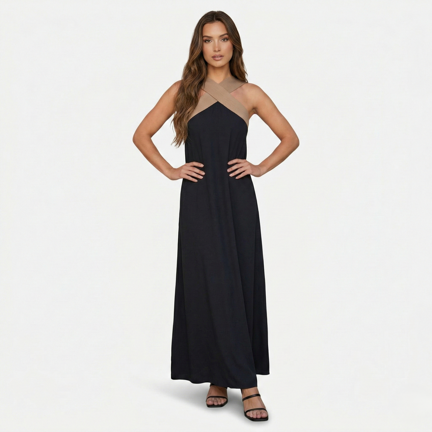 Maxi Dress Women's Color Block Crossover Neckline Sleeveless