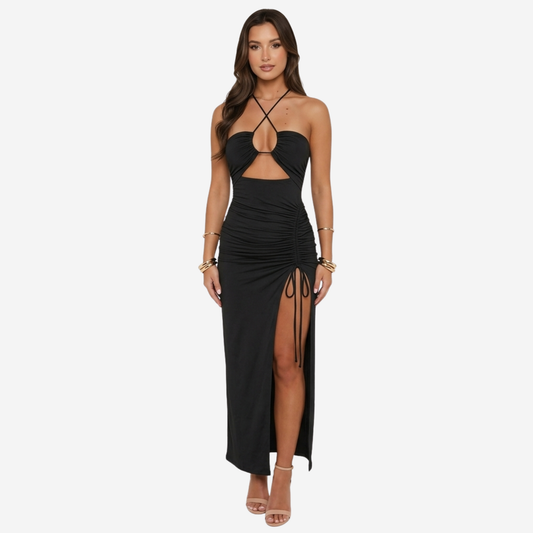 Maxi Dress Women's Halter Cut-out Ruched Side Slit with Drawstring