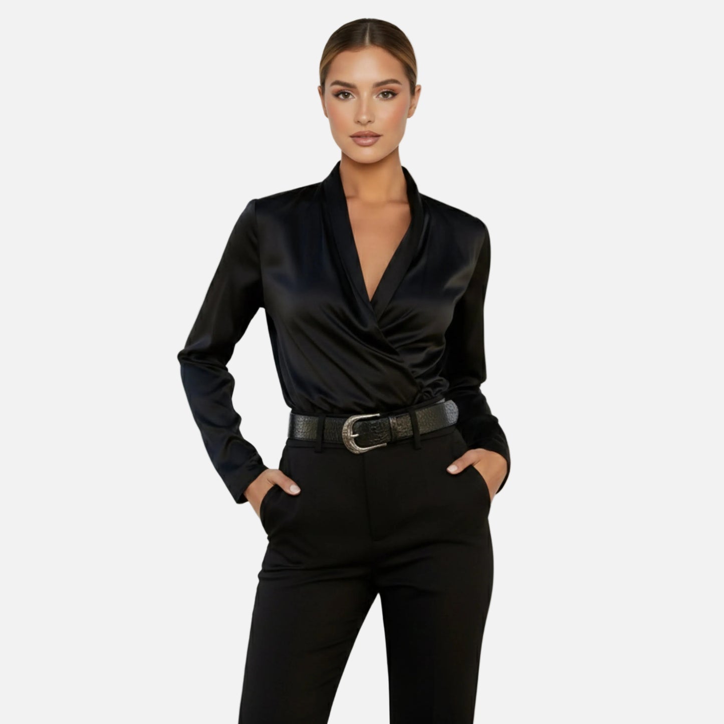 Satin Blouse Women's Draped Wrap V-neck Long Sleeve