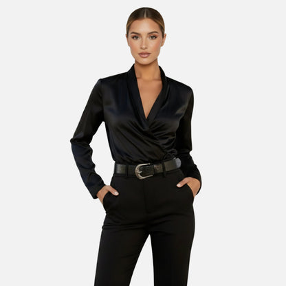 Satin Blouse Women's Draped Wrap V-neck Long Sleeve