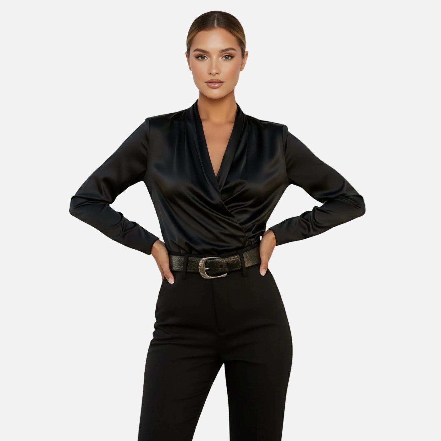 Satin Blouse Women's Draped Wrap V-neck Long Sleeve