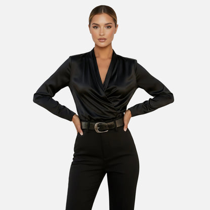 Satin Blouse Women's Draped Wrap V-neck Long Sleeve