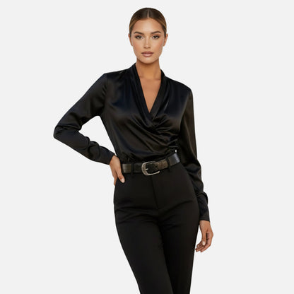 Satin Blouse Women's Draped Wrap V-neck Long Sleeve