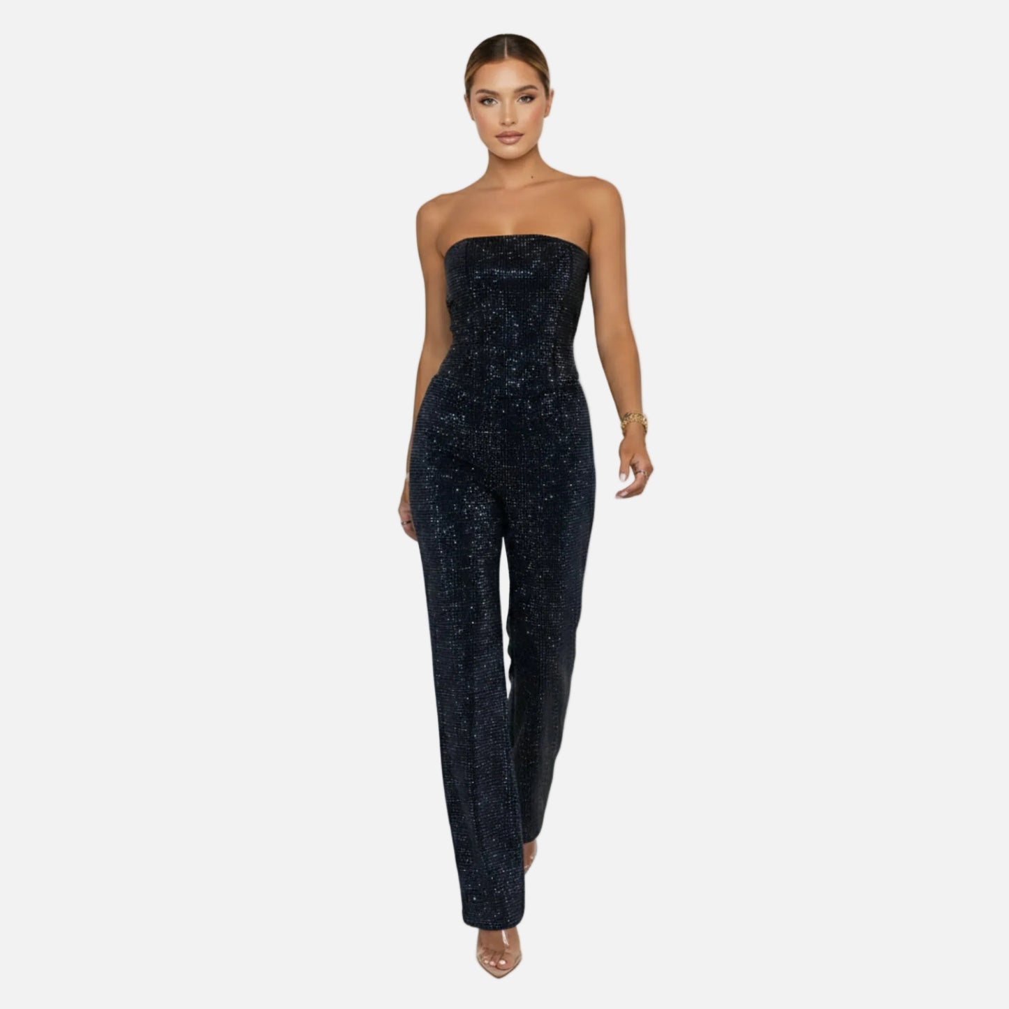 Strapless Vest Top and Straight Leg Pants Set Women’s Sequin Embellished