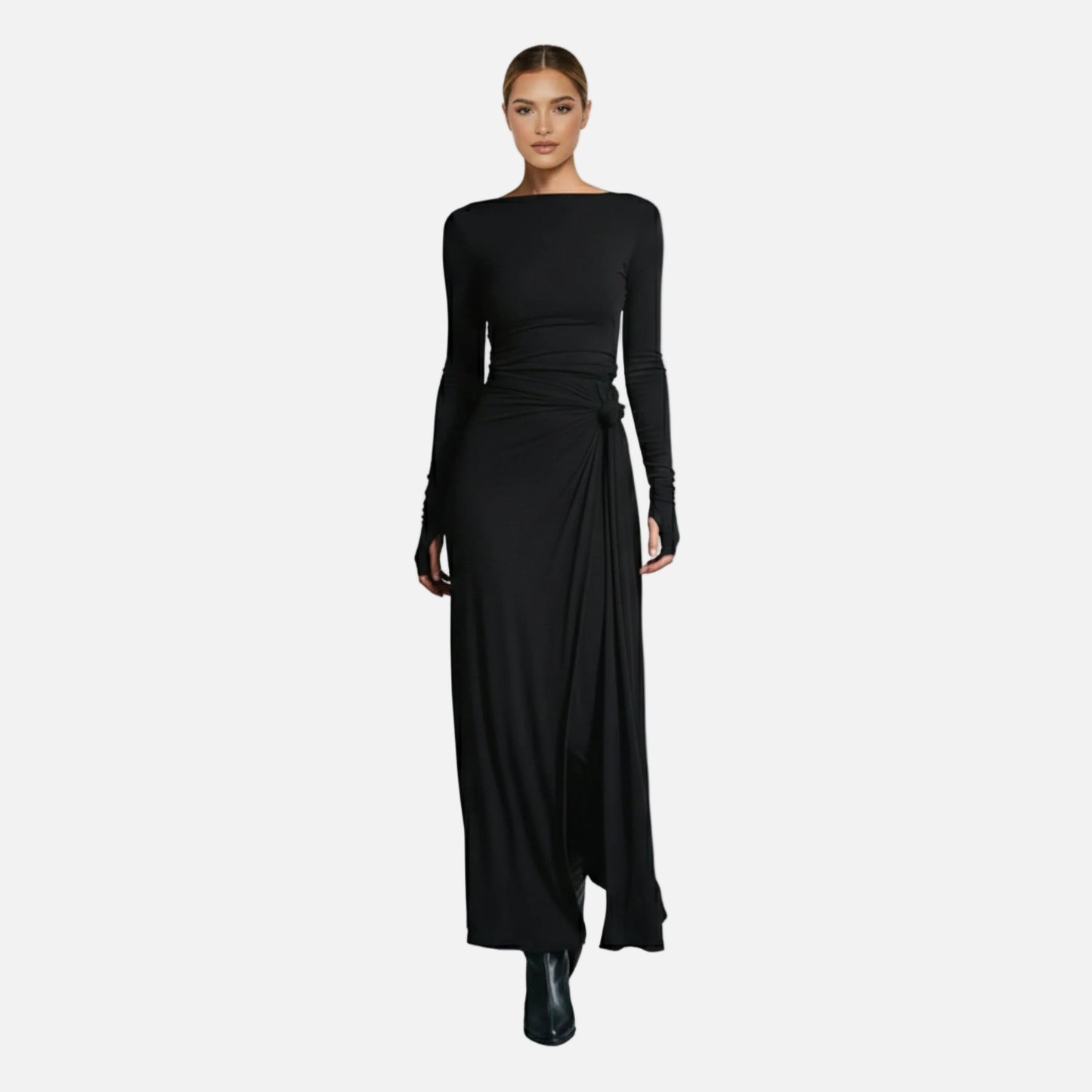 Wrap Maxi Dress Women's Long Sleeve Boat Neck